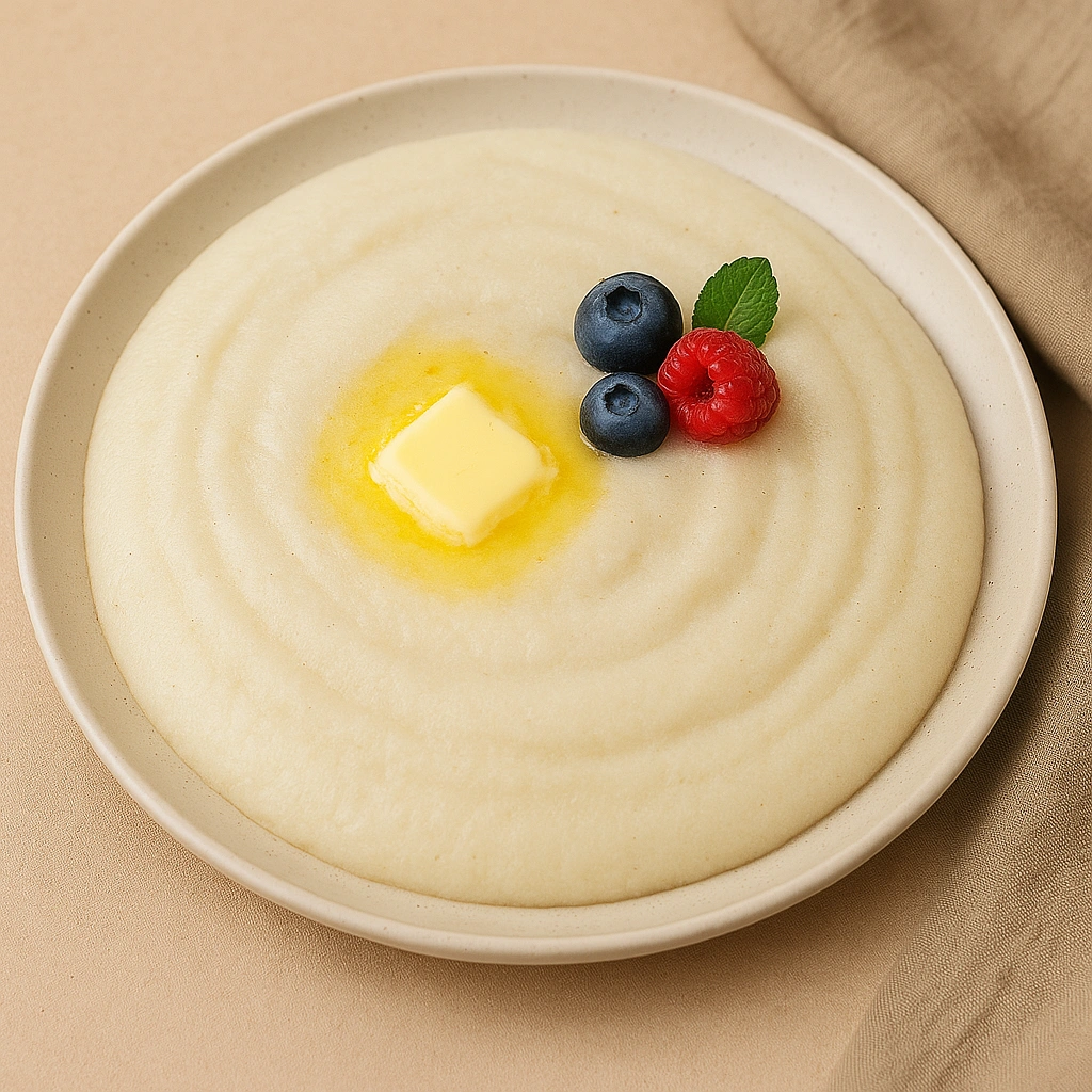 Манна каша у тарілці з маслом зверху