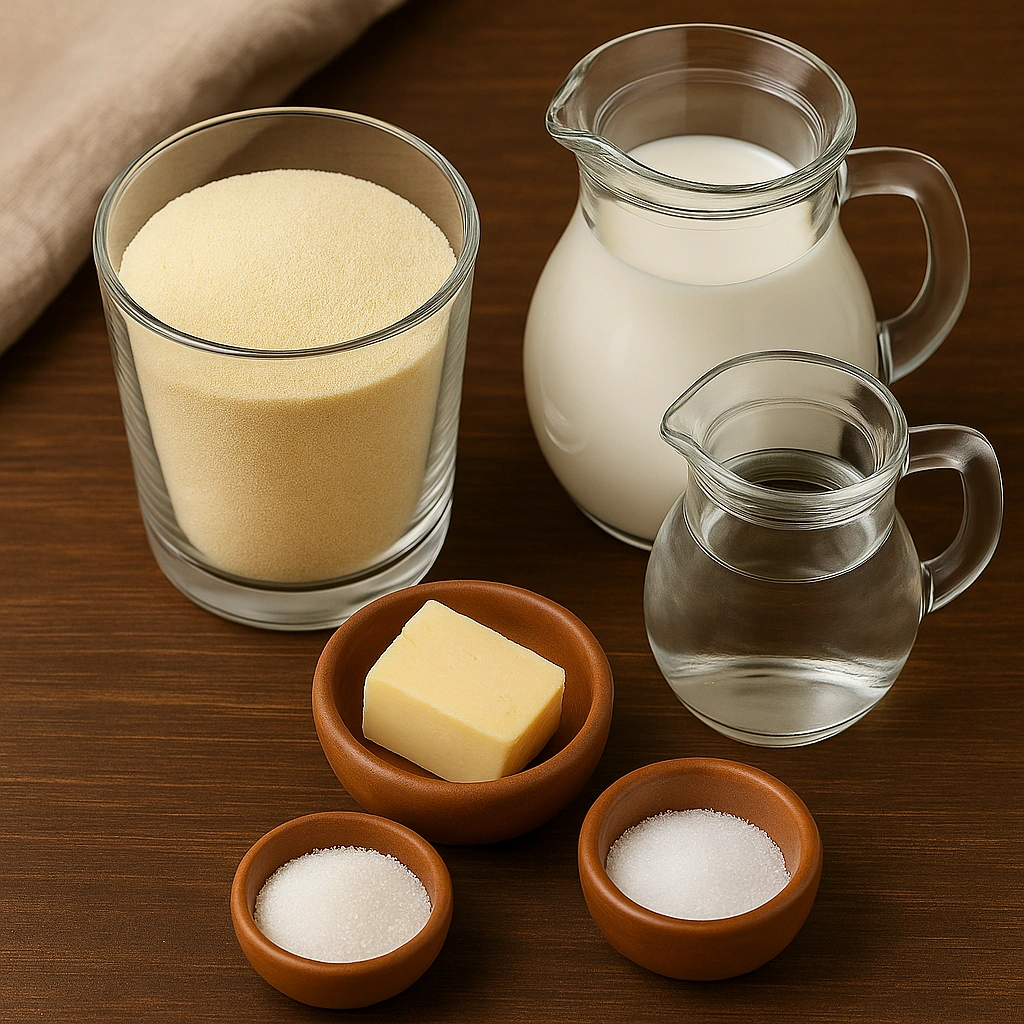 Манна крупа, молоко, вода, масло, цукор і сіль на столі