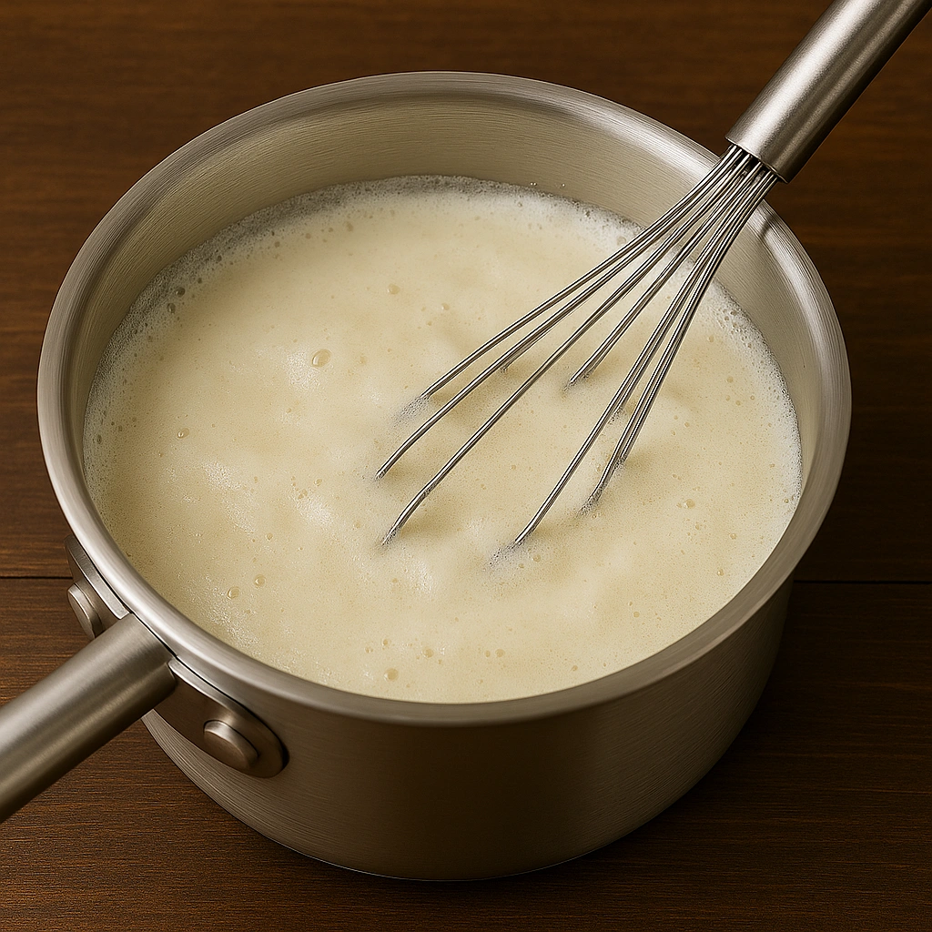 Каструля з киплячим молоком і вінчиком, що помішує манку