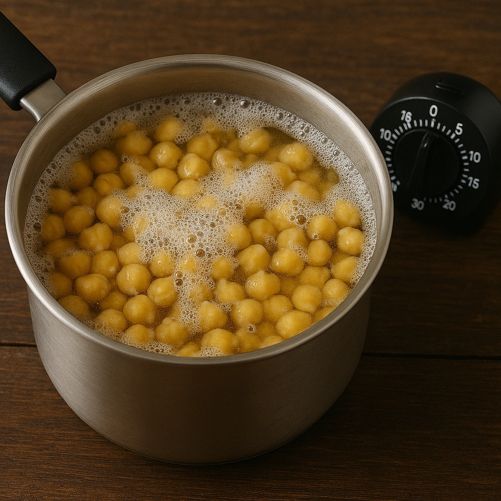 Каструля з нутом у киплячій воді й кухонний таймер