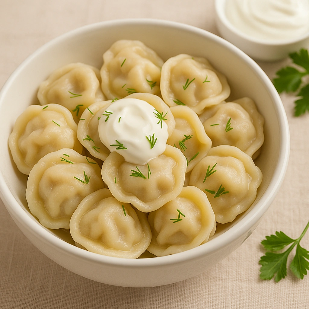 Пельмені зі сметаною та зеленню на тарілці — фото