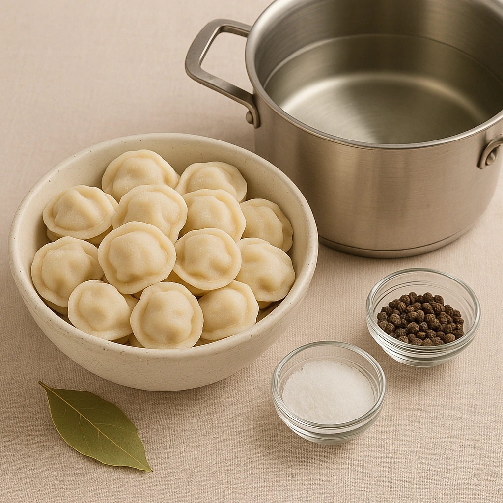 Інгредієнти для варіння пельменів — заморожені пельмені, спеції та вода