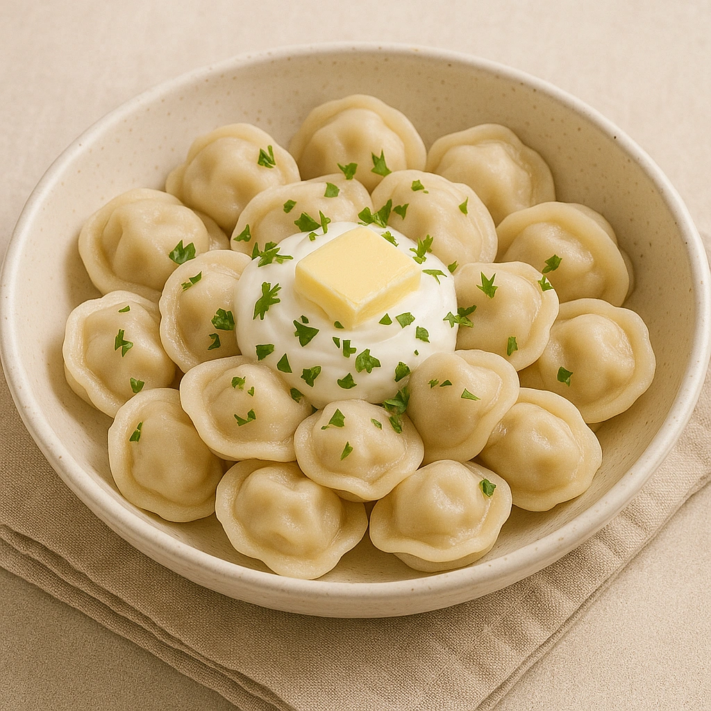 Подача пельменів зі сметаною та зеленню — фото