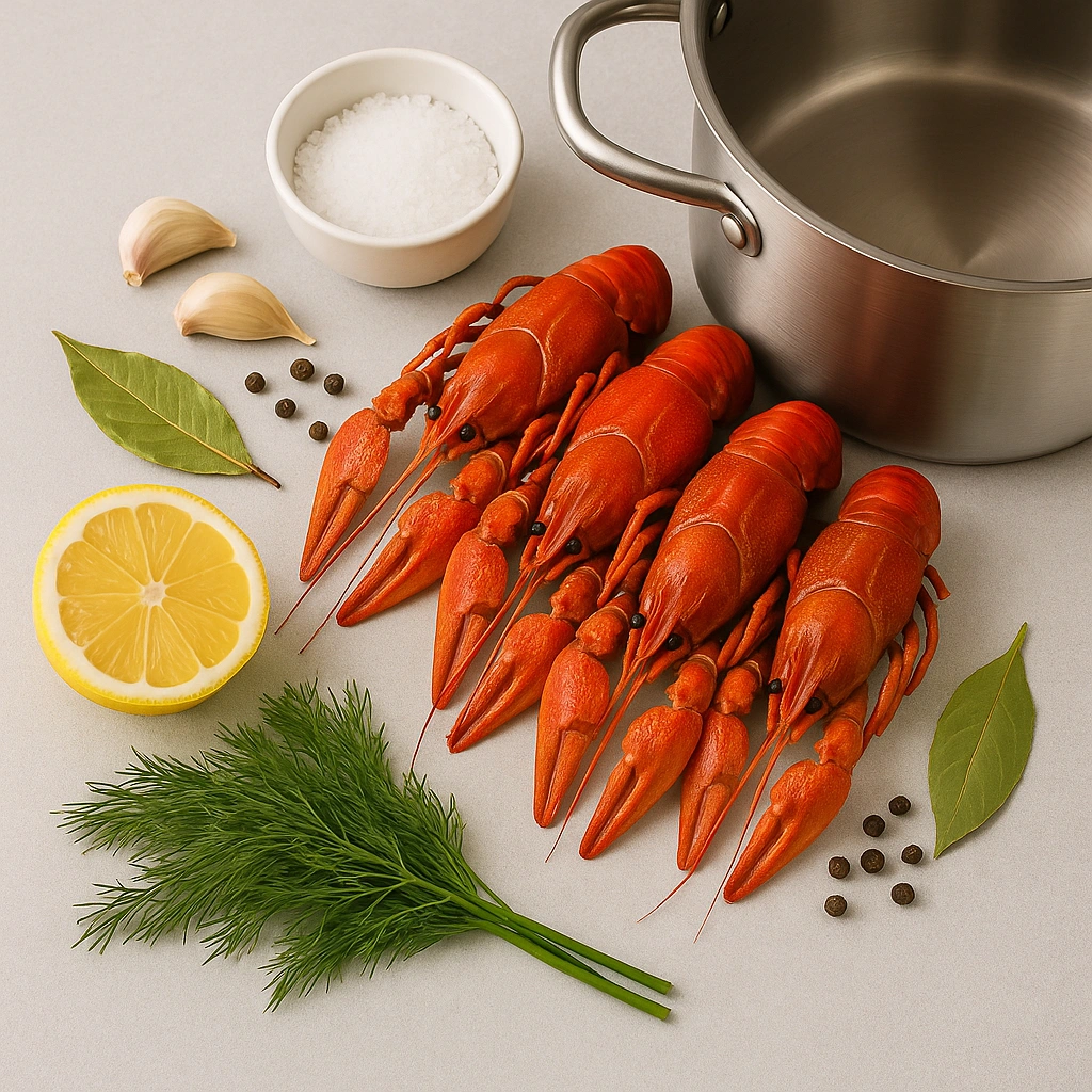 Свіжі раки, лимон, часник, кріп та спеції для варіння