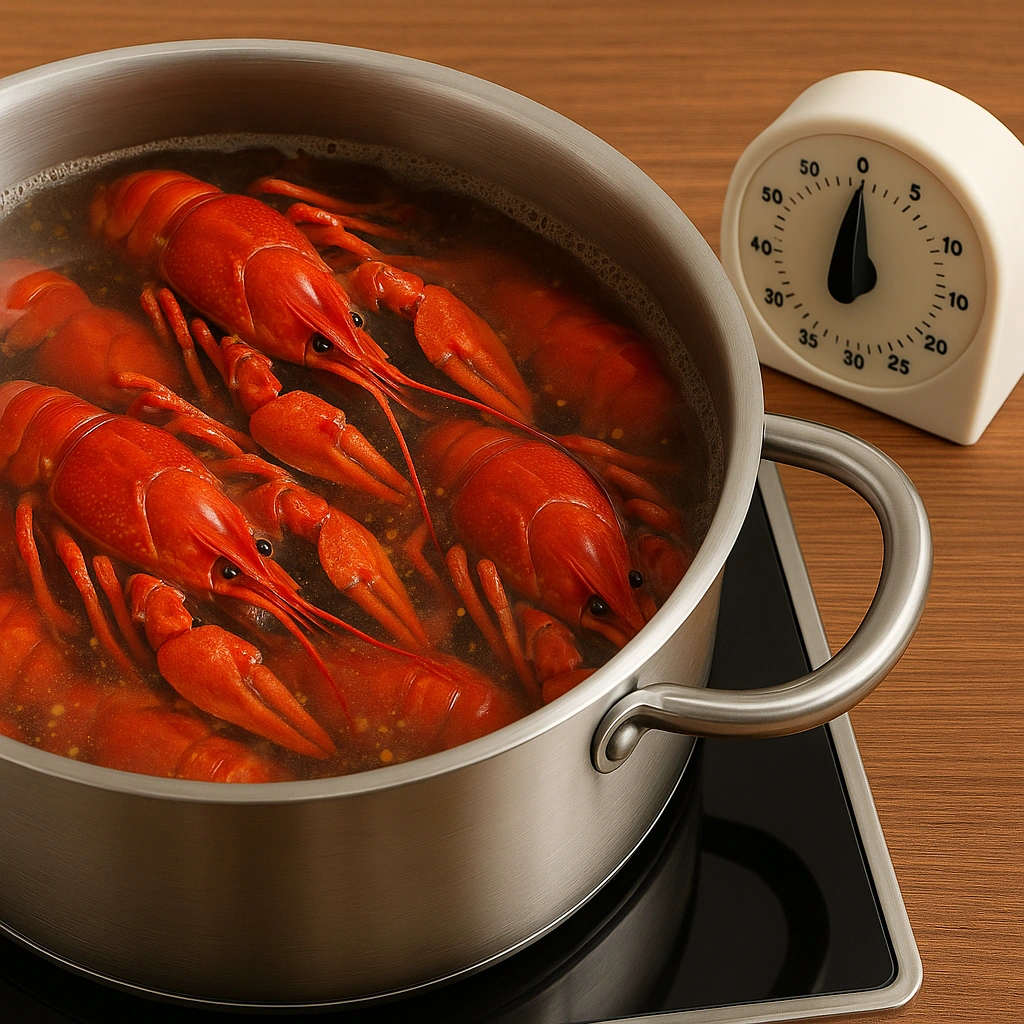 Каструля з киплячим розсолом і раками, поруч кухонний таймер