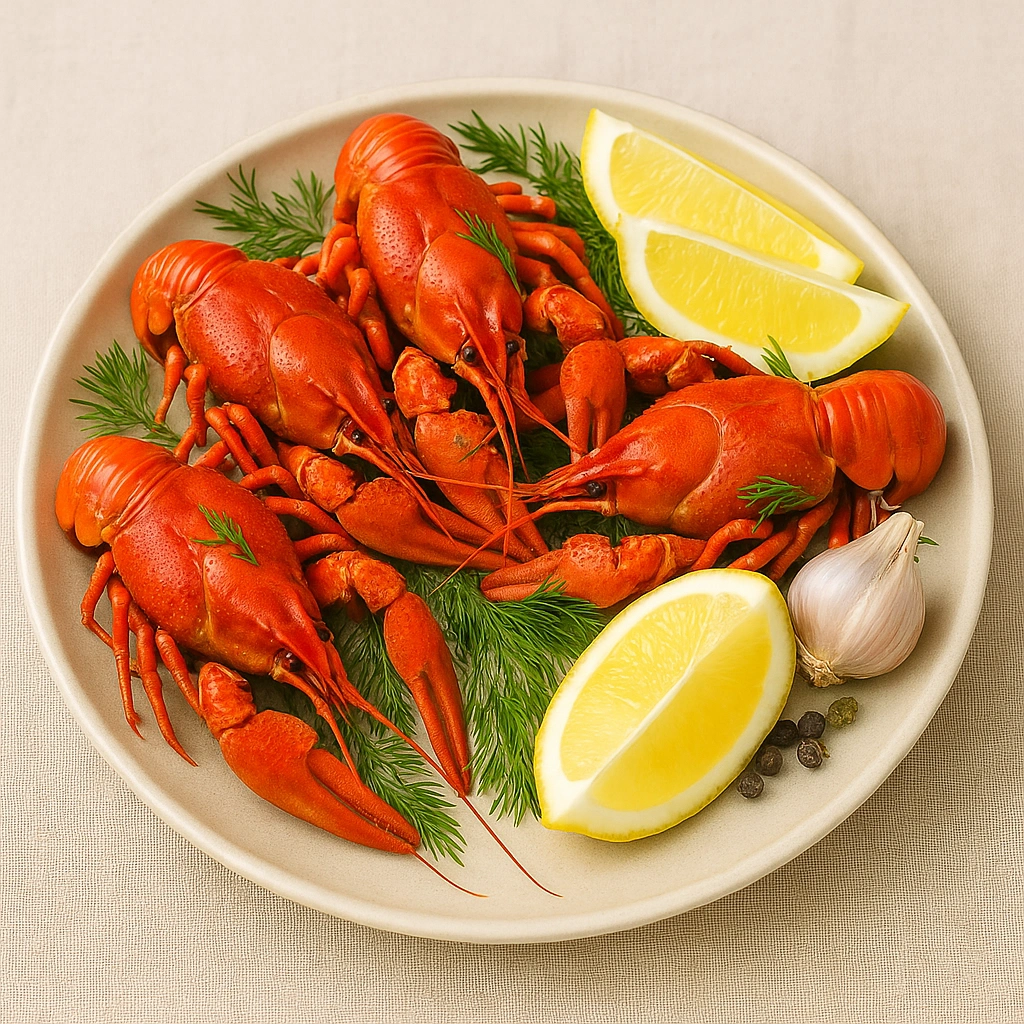 Варені раки на тарілці з лимоном і зеленню