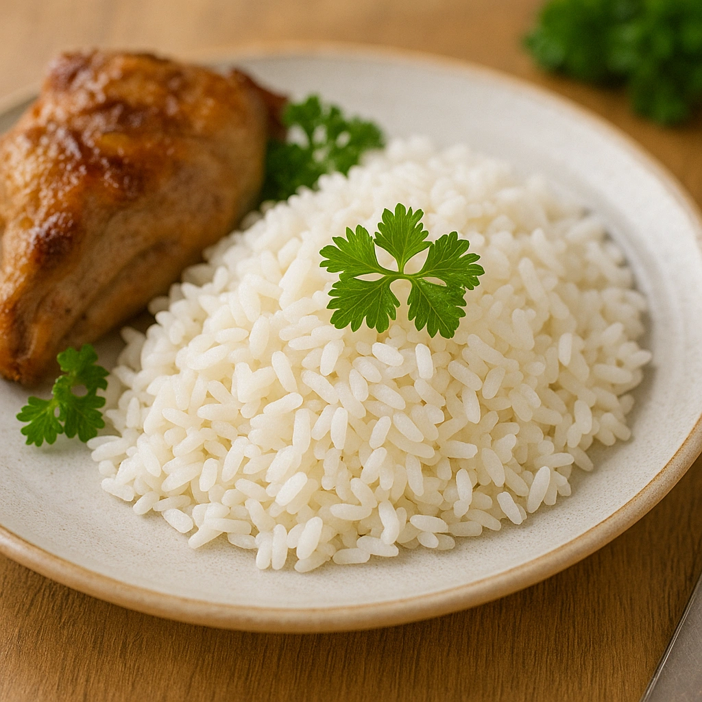 Подача рису з м’ясом і зеленню