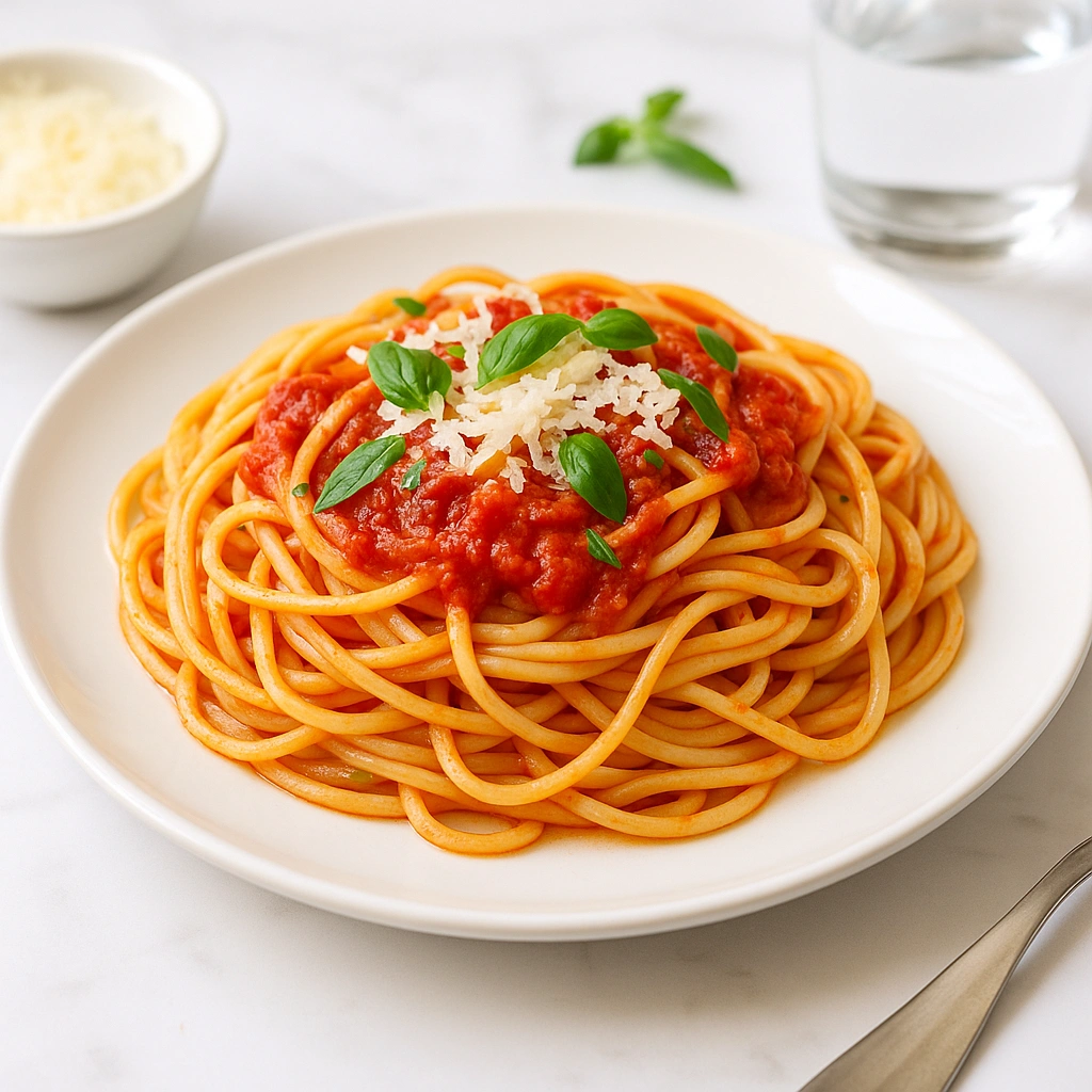 Спагетті з томатним соусом і зеленню на тарілці — фото