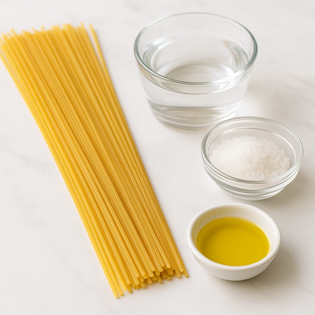 Інгредієнти для варіння спагетті — паста, вода, сіль і оливкова олія