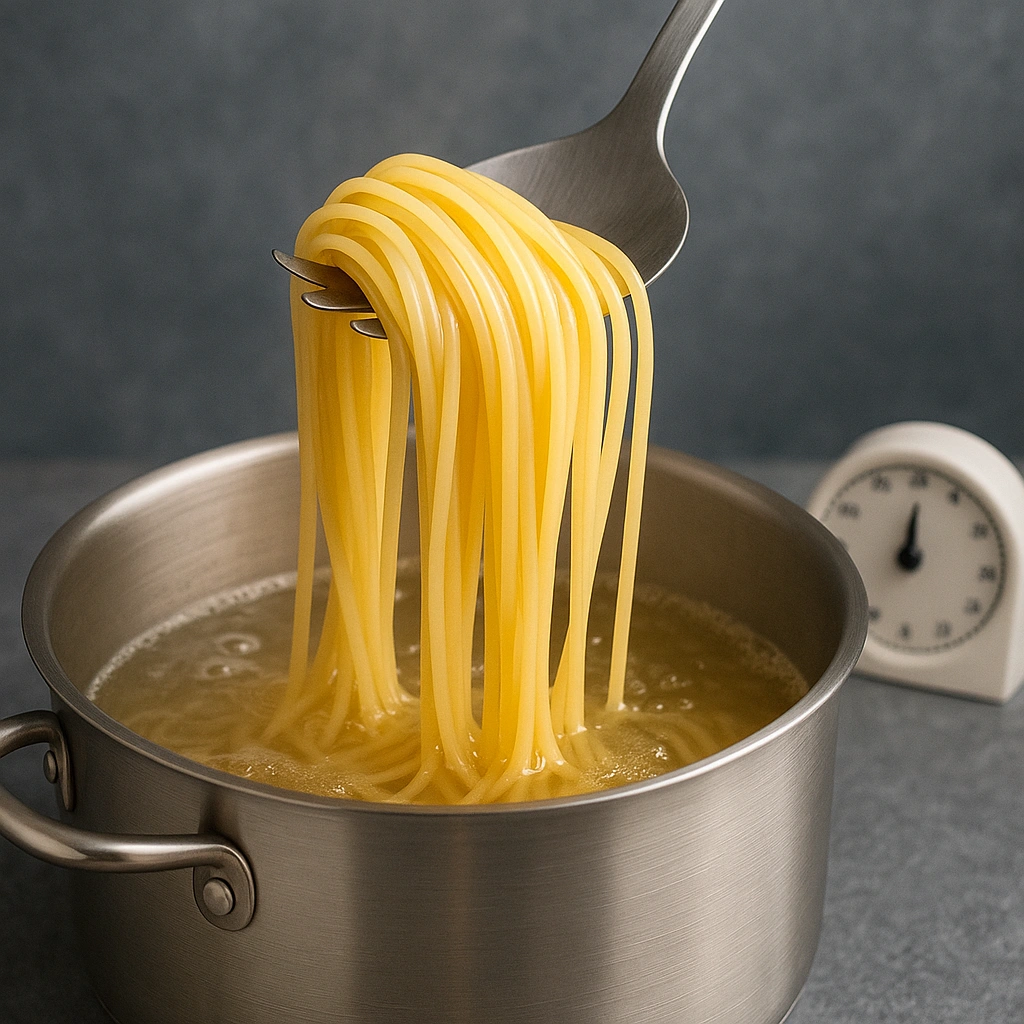 Варіння спагетті у каструлі з киплячою водою та таймером