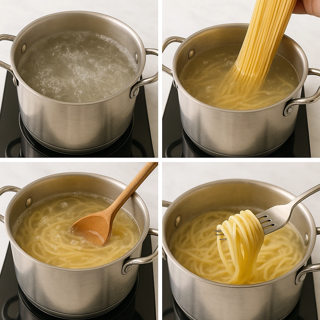 Покрокове приготування спагетті — фото колаж