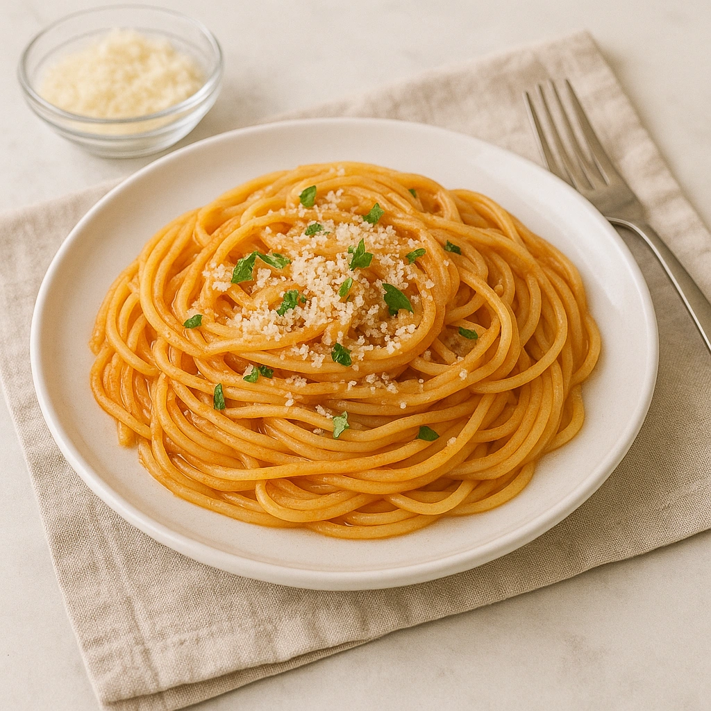 Подача спагетті з соусом, сиром і зеленню — фото