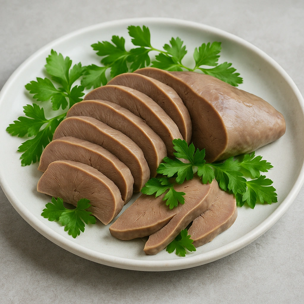 Варене свиняче серце, нарізане скибочками на тарілці з зеленню