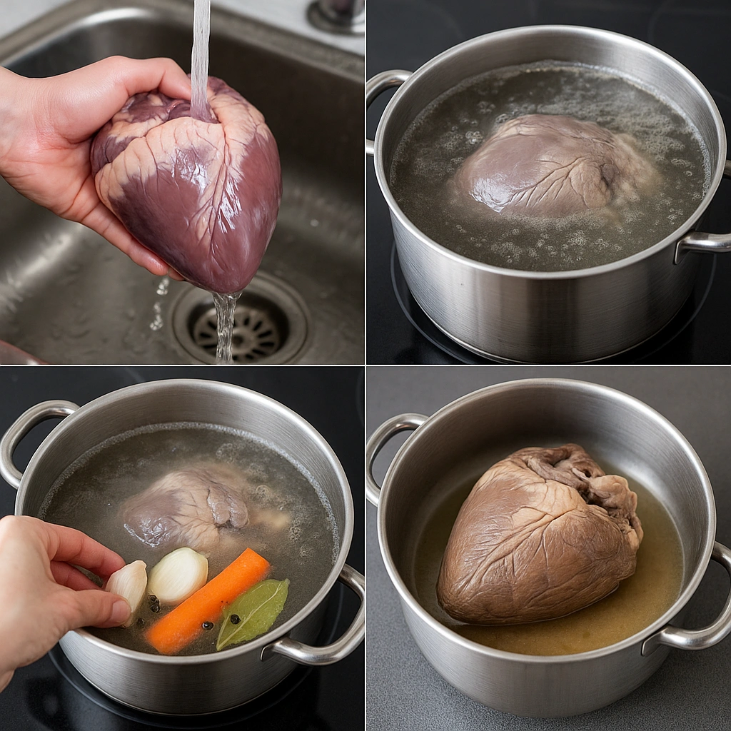 Покрокове варіння свинячого серця у каструлі з овочами та спеціями