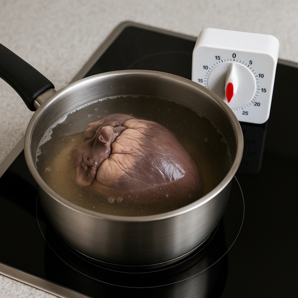 Свиняче серце у каструлі під час варіння з таймером поруч