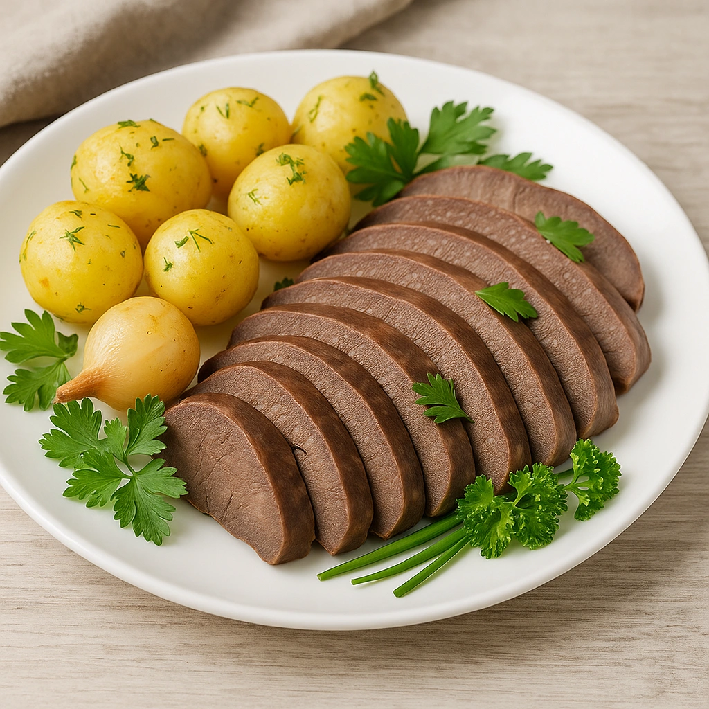 Нарізане варене свиняче серце з картоплею та зеленню на тарілці