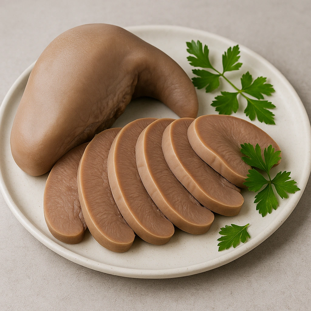 Відварений свинячий язик на тарілці з зеленню