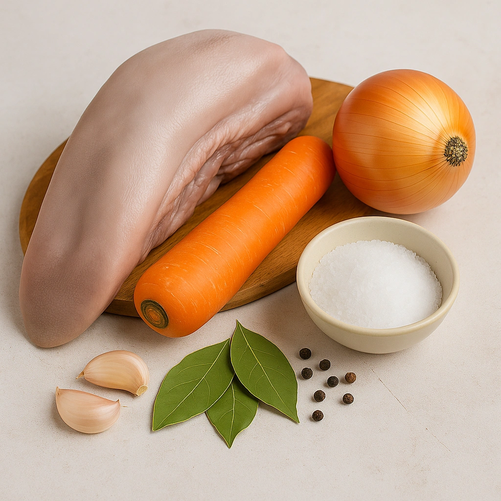 Свинячий язик, морква, цибуля, часник, лавровий лист, перець і сіль