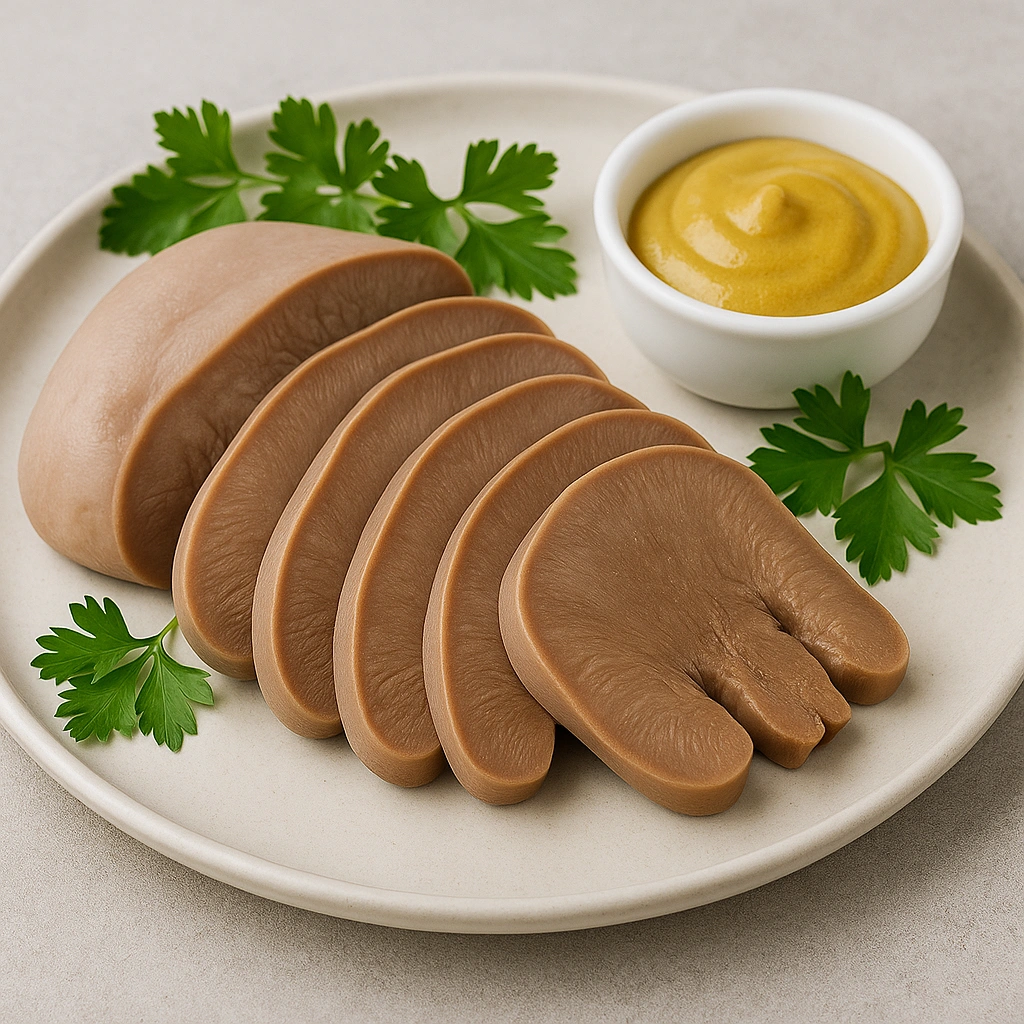 Нарізаний свинячий язик із гірчицею та зеленню