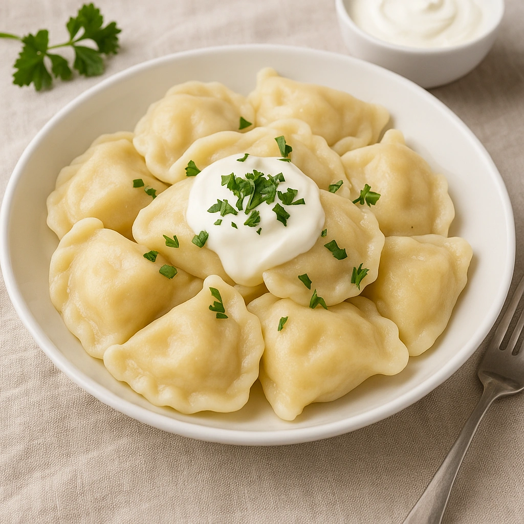 Вареники зі сметаною та зеленню на тарілці — фото