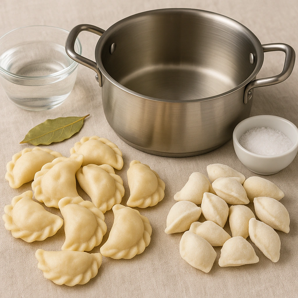 Інгредієнти для варіння вареників — свіжі й заморожені вареники, спеції та вода