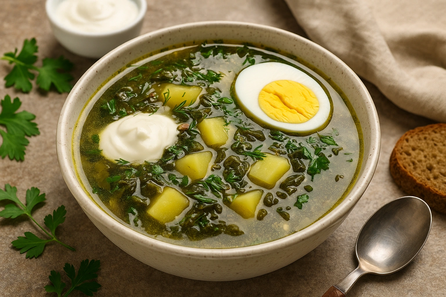 Зелений борщ зі щавлем та яйцем