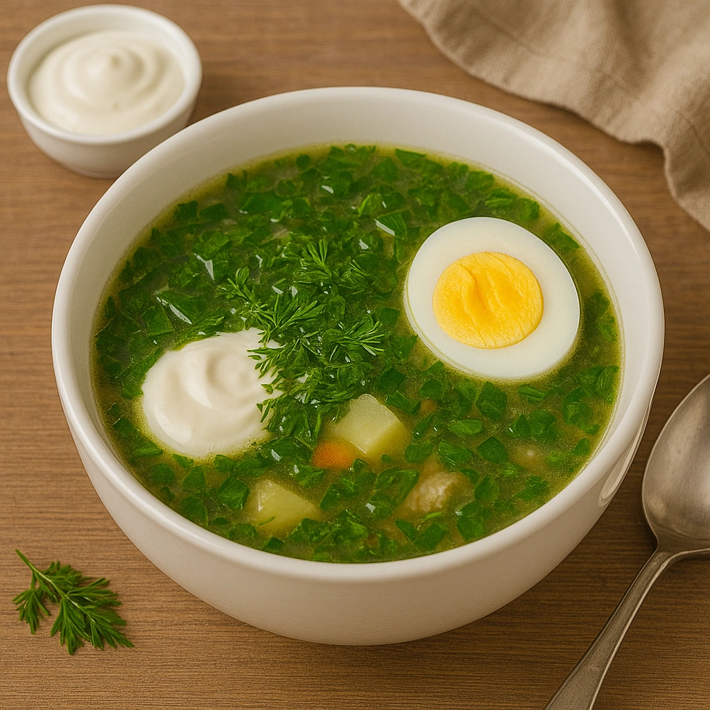 Подача зеленого борщу зі щавлем