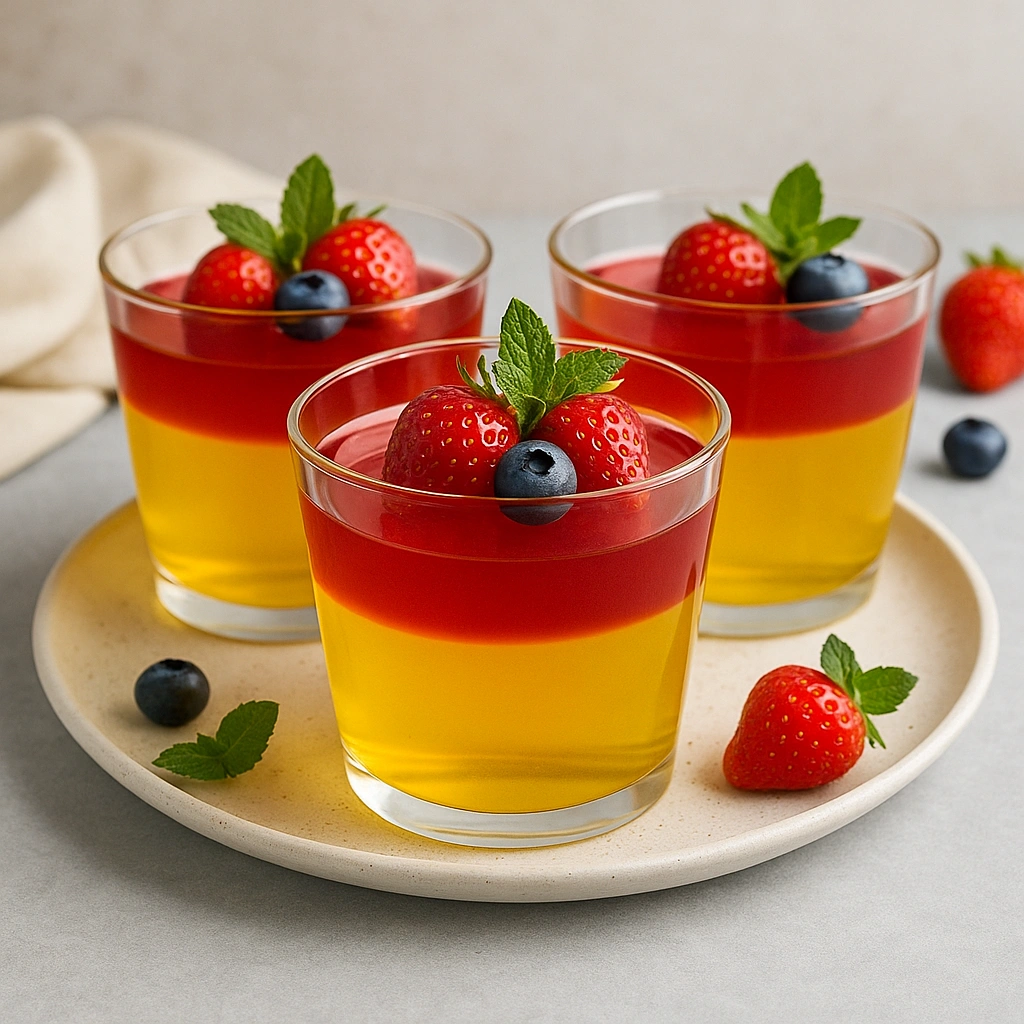 Желе з желатину у прозорих склянках з фруктами та м’ятою