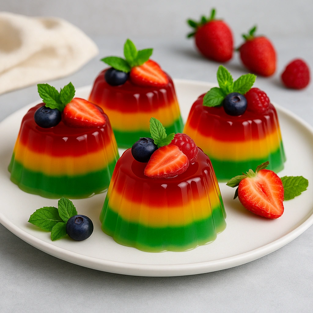 Желе з желатину прикрашене фруктами та ягодами