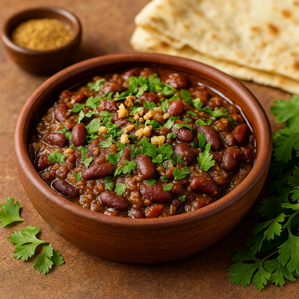 Лобіо з квасолі у глиняній тарілці з зеленню та горіхами