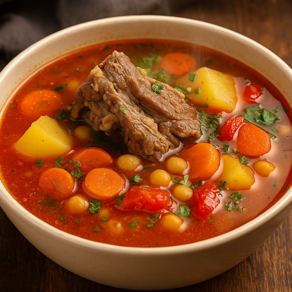 Бозбаш у глибокій тарілці з м’ясом, нутом і овочами