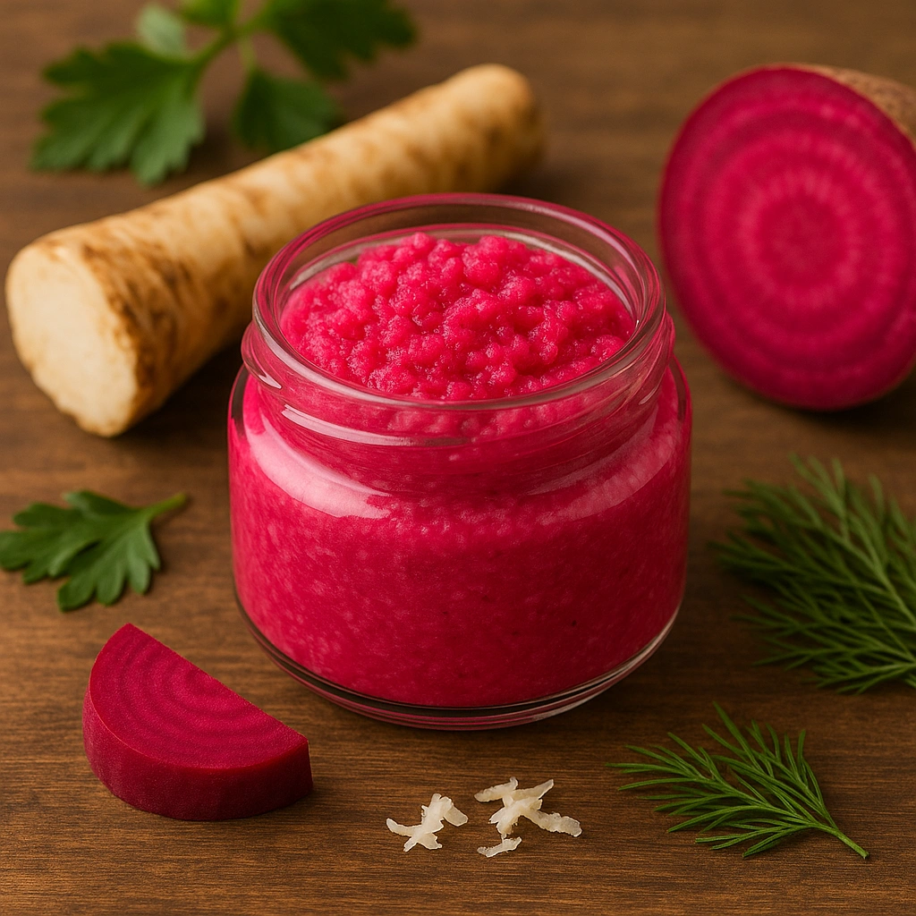 Баночка рожевого домашнього хріну з буряком на дерев’яному столі