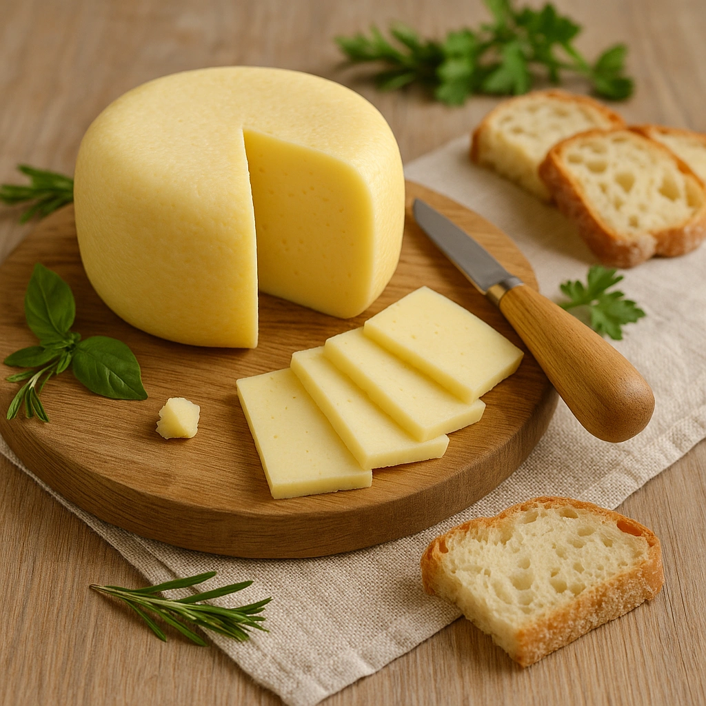 Домашній твердий сир, нарізаний скибочками на дерев’яній дошці