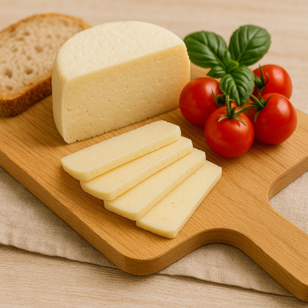 Подача домашнього твердого сиру на дощечці з овочами