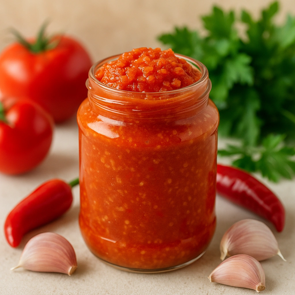 Домашня аджика в банці на столі з помідорами, перцем і часником
