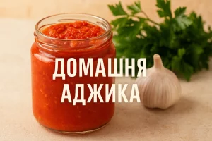 Баночка з домашньою аджикою на фоні зелені й часнику