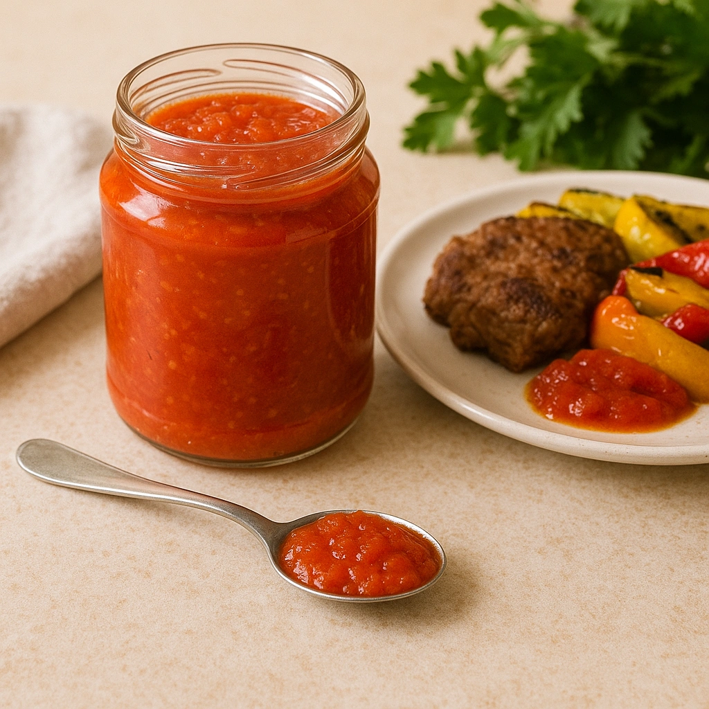 Баночка відкритої аджики поруч із м’ясом і запеченими овочами