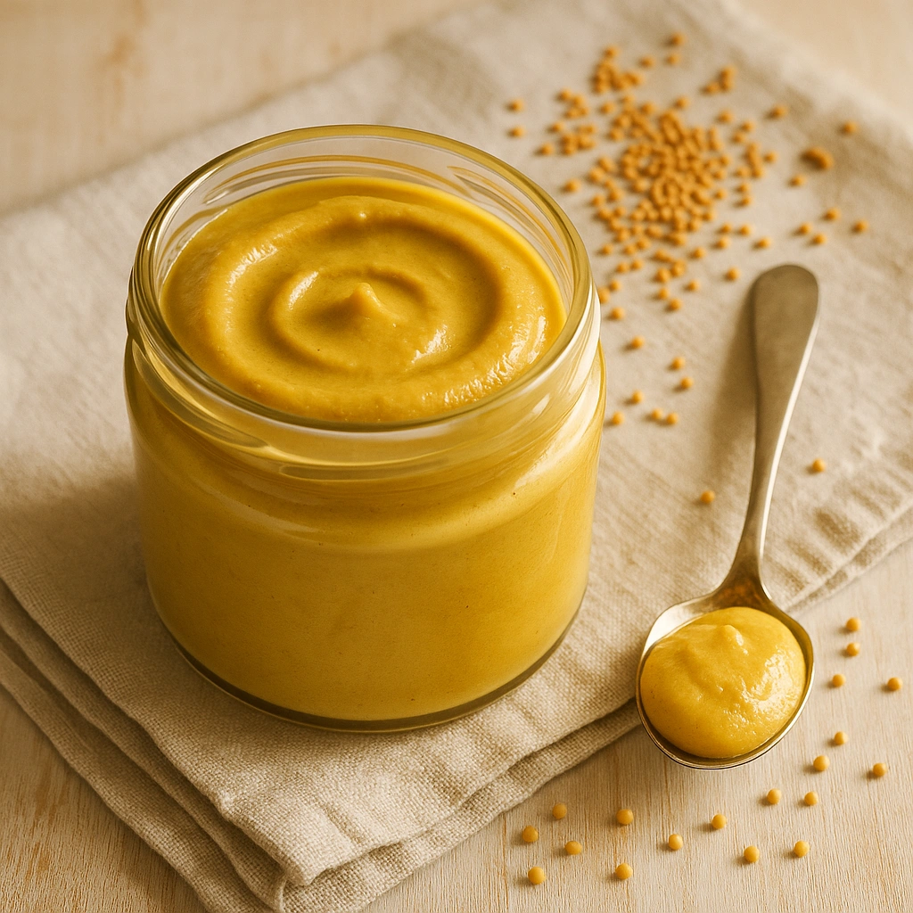 Домашня гірчиця у скляній банці на серветці, поруч ложка з соусом