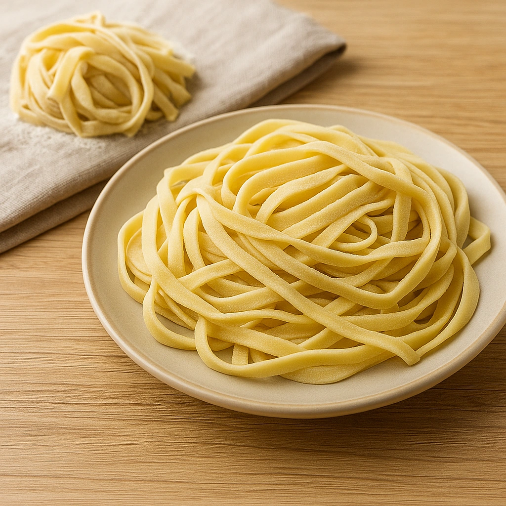 Домашня локшина на тарілці — тонко нарізана, світло-золота, приготована для супу.