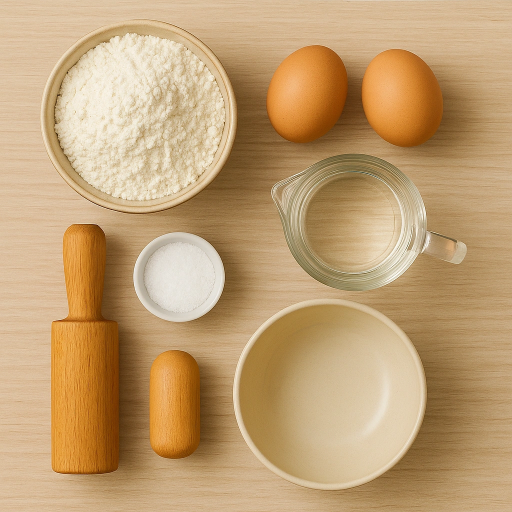 Інгредієнти для приготування домашньої локшини — борошно, яйця, сіль, вода, качалка, миска.