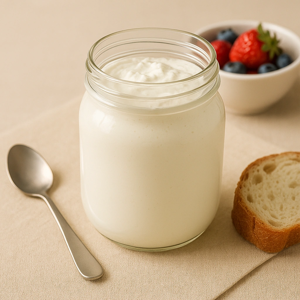 Домашня простокваша з молока у скляній банці на столі