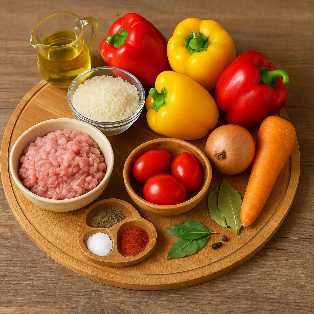 Інгредієнти для фаршированих перців — перець, фарш, рис, морква, цибуля, спеції