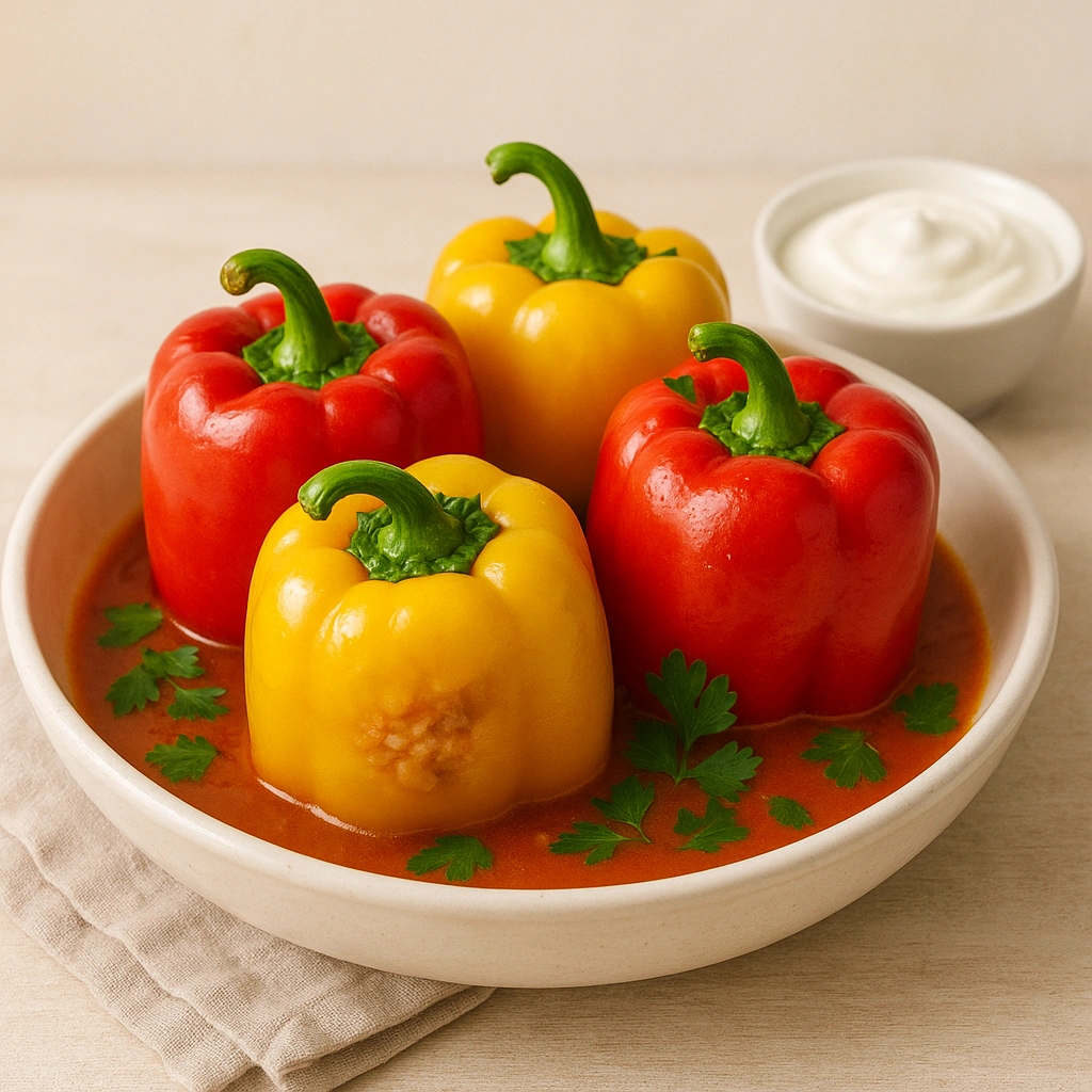 Подача фаршированих перців з соусом і зеленню