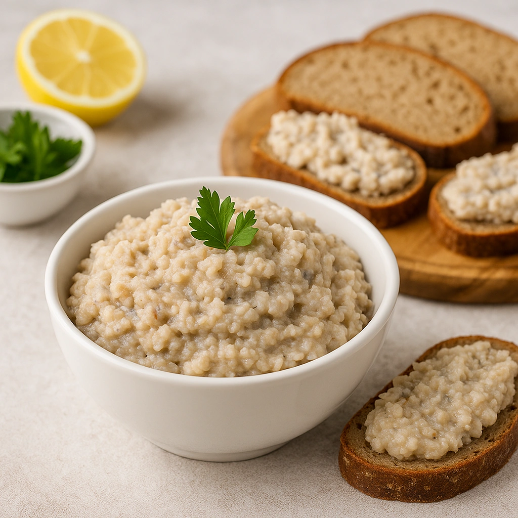 Форшмак із оселедця у білій мисці поруч із тостами та зеленню