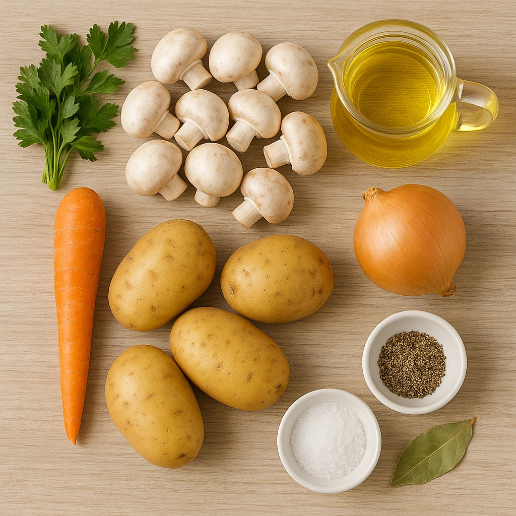 Інгредієнти для грибного супу — печериці, картопля, морква, цибуля, зелень, спеції