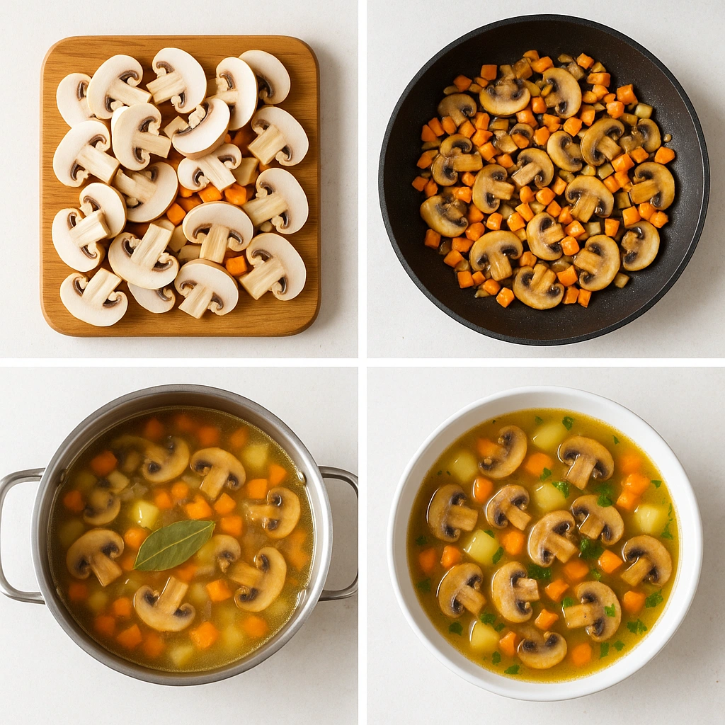 Процес приготування грибного супу — етапи від нарізання грибів до готової страви