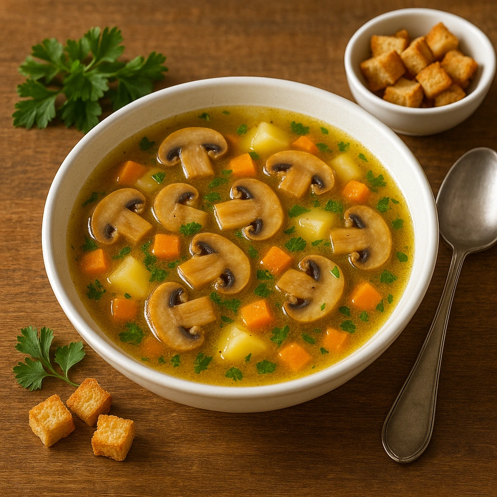 Подача грибного супу з грінками і зеленню