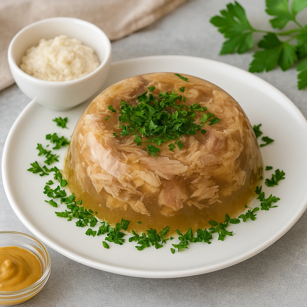 Холодець з курки та свинини на тарілці з зеленню і соусами