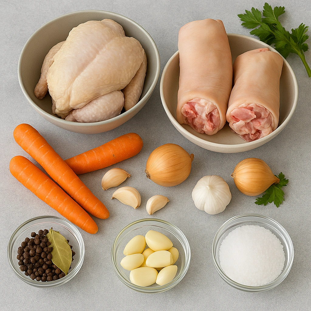 Інгредієнти для холодцю з курки та свинини на столі