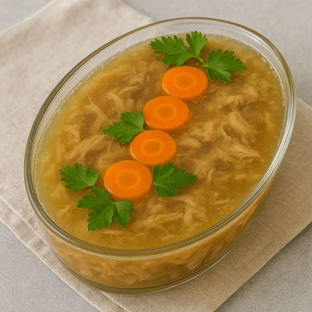 Готовий холодець з курки та свинини у формі з морквою та зеленню